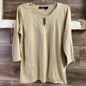 CB Casual Ladies Embroidered Cotton Top, Size Medium, Tan And White